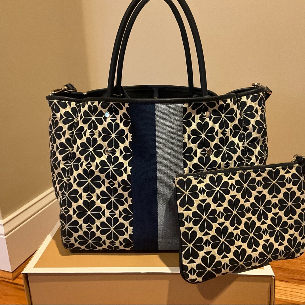 Kate Spade Black and Cream Floral Tote with Pouch